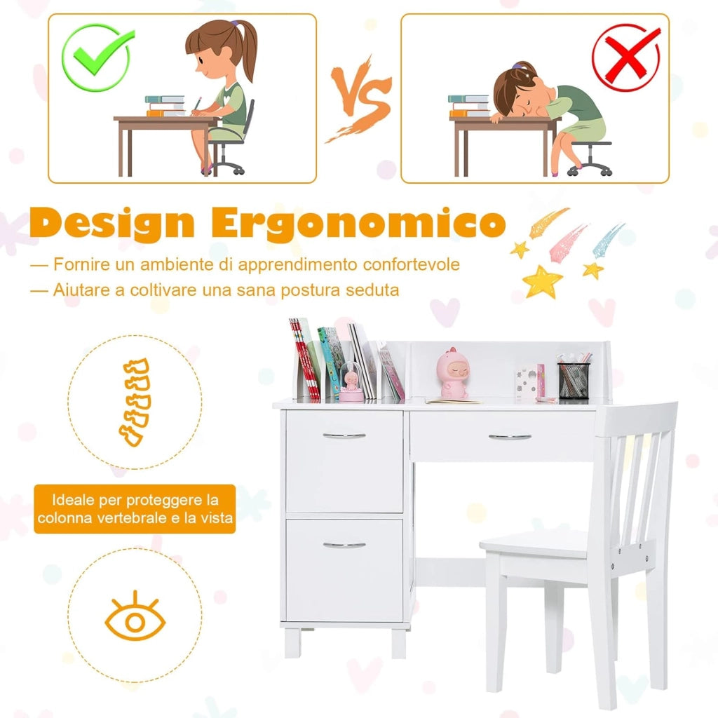 Set di Scrivania e Sedia per Bambini, Scrivania per Bambini con Cassetto e Armadietti, Ideale per Camera da Letto Sala Studio, 90,5 x 46 x 81 cm (bianco)