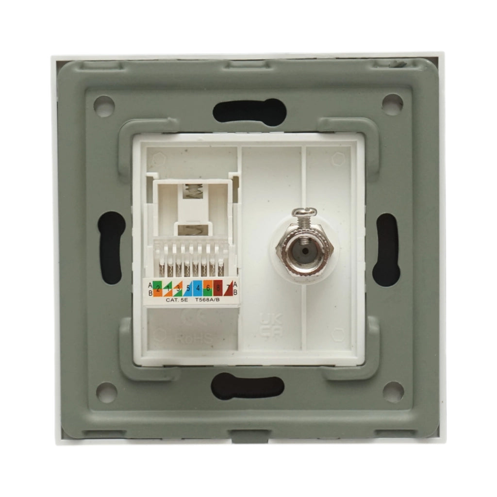 Presa TV + internet CAT5 RJ45, cornice in vetro bianco 86x86mm