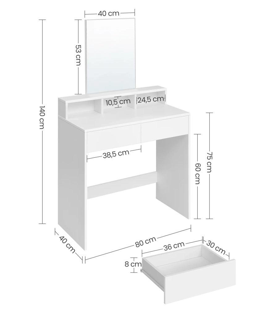 Toletta con specchio rettangolare tavolo da trucco con 2 cassetti e 3 vani portaoggetti stile moderno bianco 12_0005167