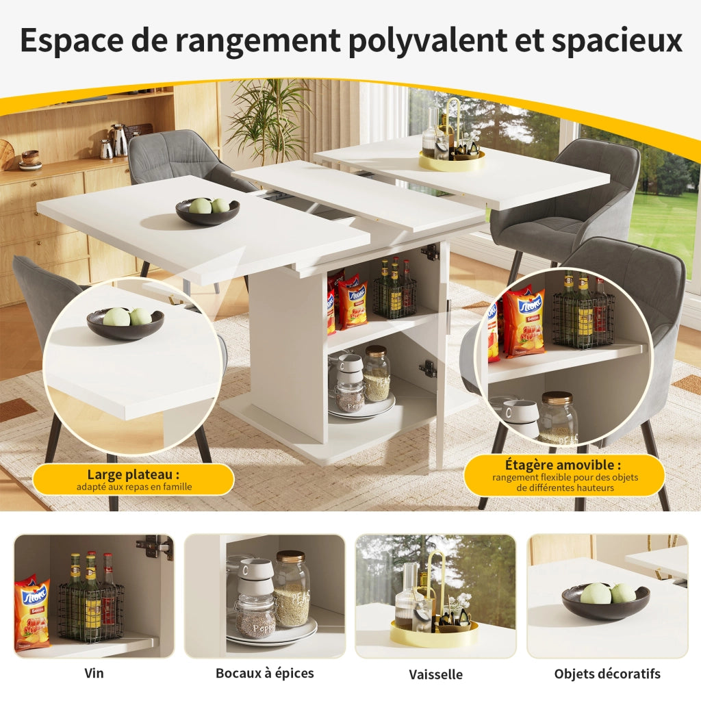 Tavolo da pranzo allungabile per 6-8 persone con 3 ripiani e ante in vetro, in MDF e vetro, bianco, 110 × 80 × 76 cm
