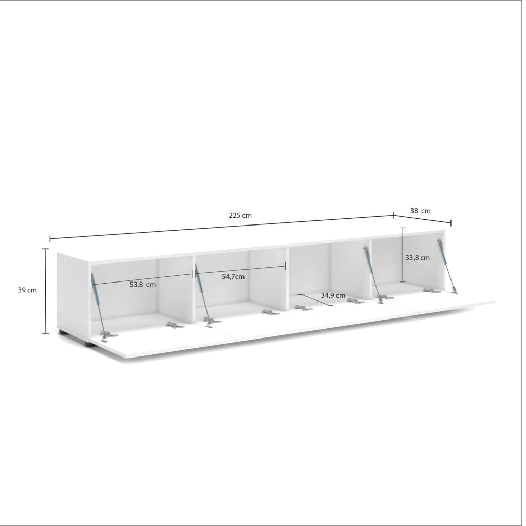 Mobile porta TV Ame, Credenza da soggiorno, Armadio basso per TV, Base parete attrezzata, Made in Italy, 225x38h39 cm, Bianco lucido