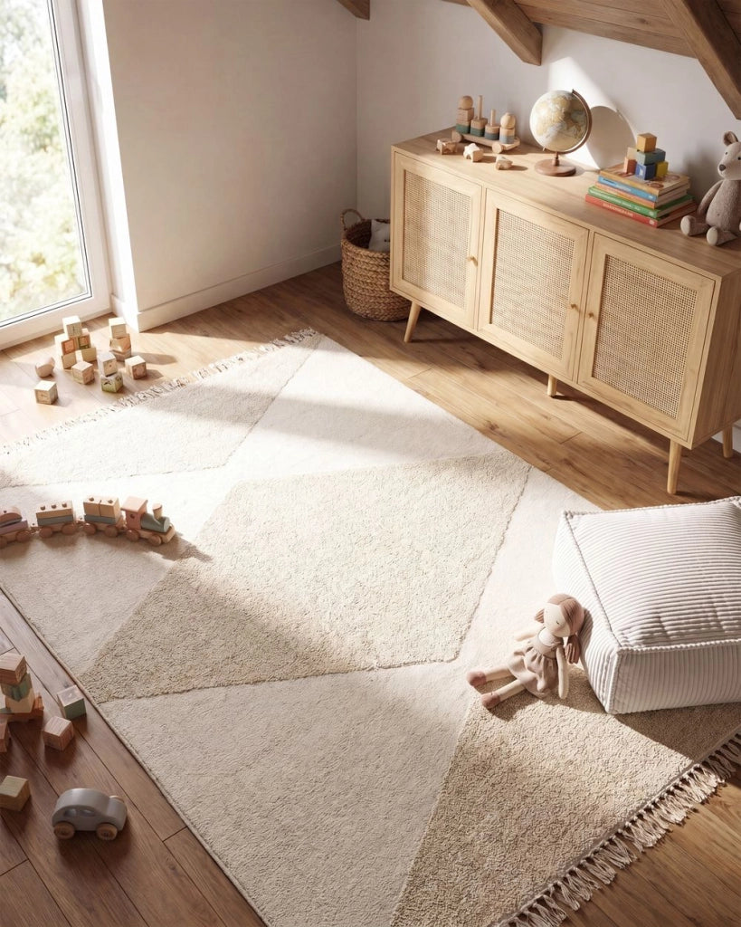 Tappeto per bambini in cotone 160 x 230 cm con motivo geometrico Beige Stile Boho Soggiorno Bambini Stanza dei bambini