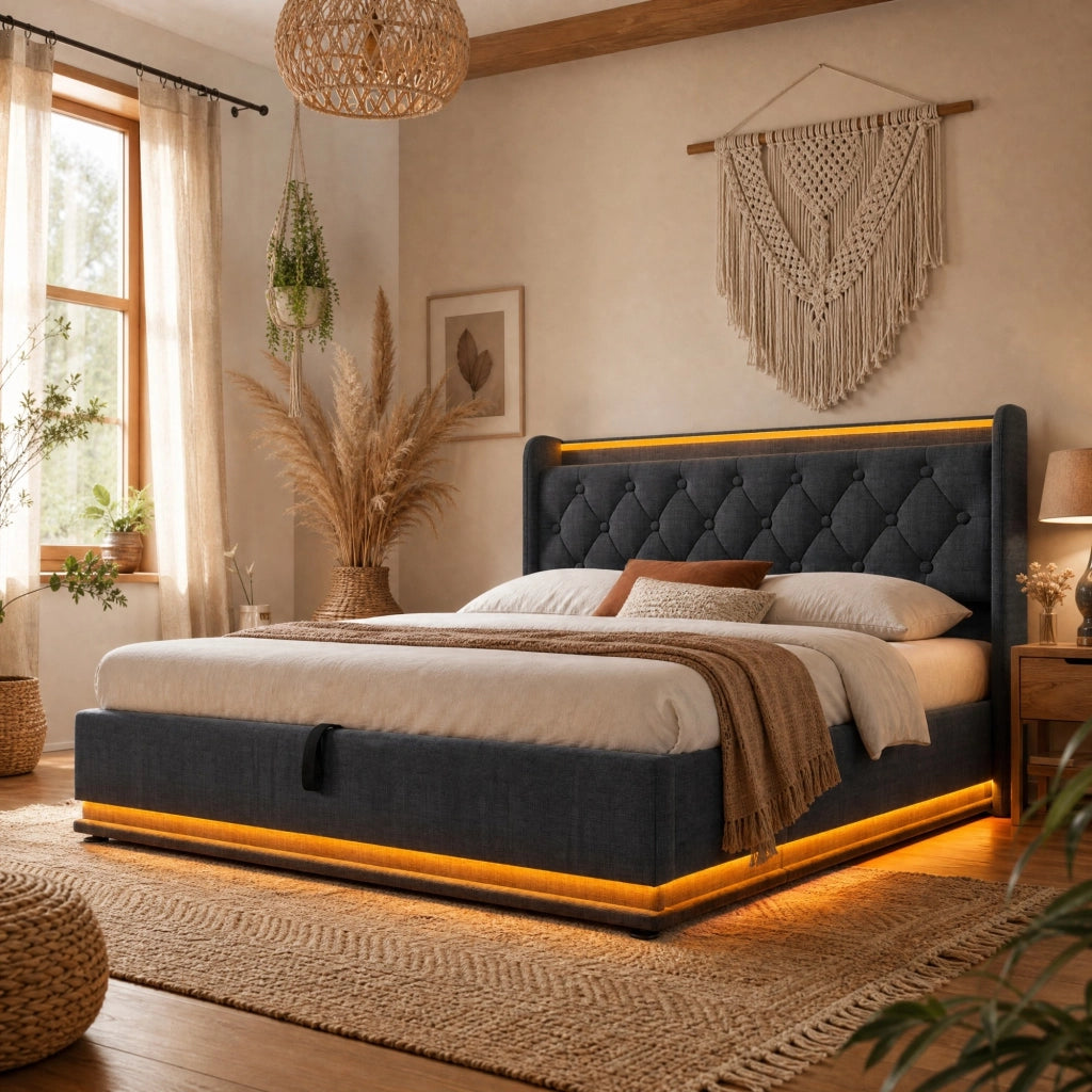 LETTO Contenitore 140x200 cm in Lino Grigio con LED e USB Tipo C