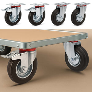 Set 4 ruote piroettanti, freno doppio blocco, Rotella 100mm max 70kg, metallo e gomma piena