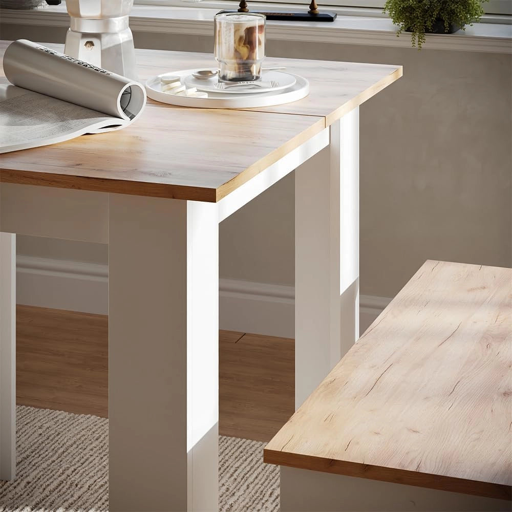 Set da pranzo Sentio, Quercia dorata/bianco, 80 x 80 cm con 2 panche, salvaspazio per zona pranzo e angolo colazione