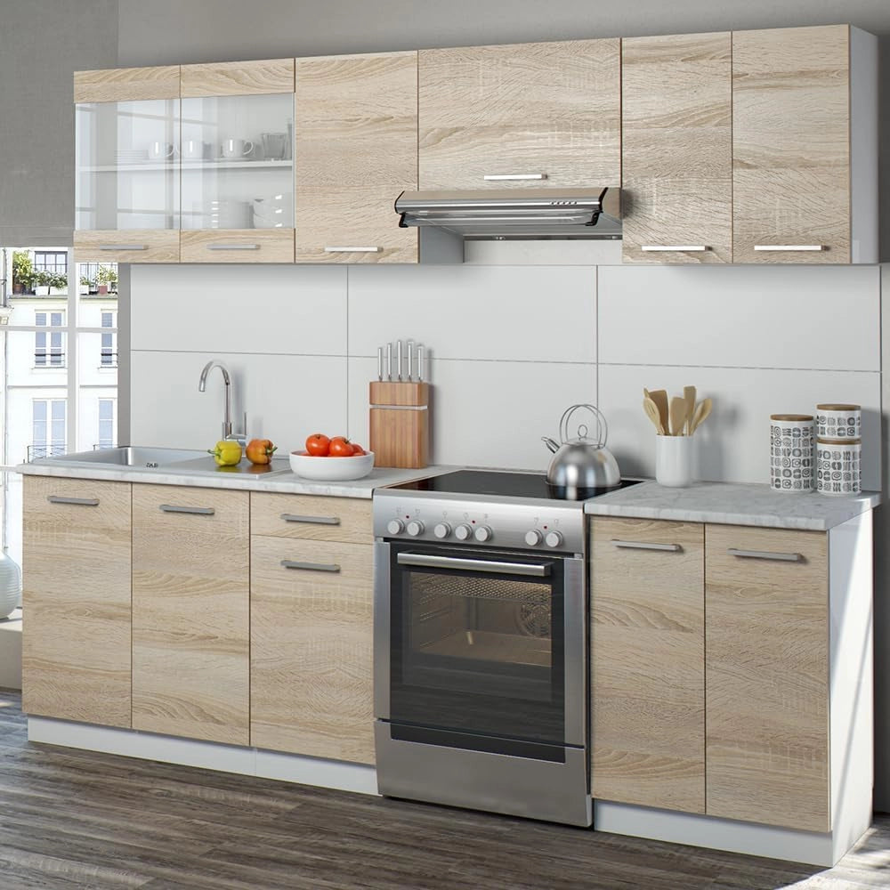 Mobile da cucina Raul, Sonoma/Bianco, 240 cm, PL Marmo con striscia LED, combinabile in modo flessibile con elementi modulari