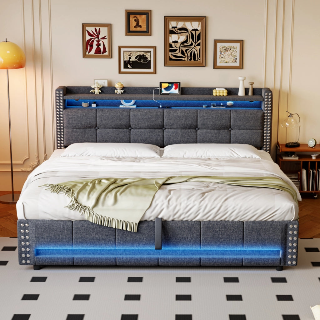Letto Matrimoniale 160x200 cm; Letto Contenitore con USB; LED e Mensole in Tessuto Grigio