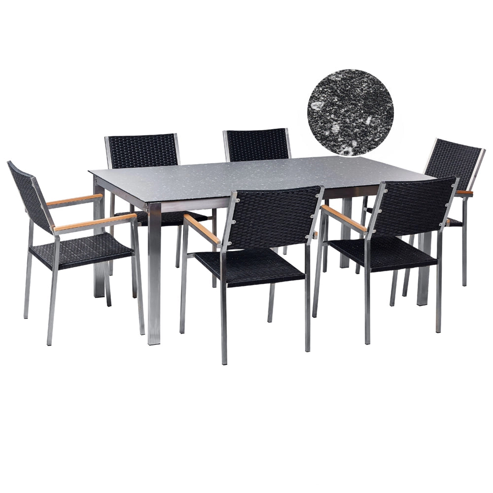 Set da giardino con 6 posti in acciaio inox con tavolo piano con effetto granito e sedie in rattan nero set esterno moderno