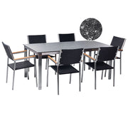 Set da giardino con 6 posti in acciaio inox con tavolo piano con effetto granito e sedie in rattan nero set esterno moderno