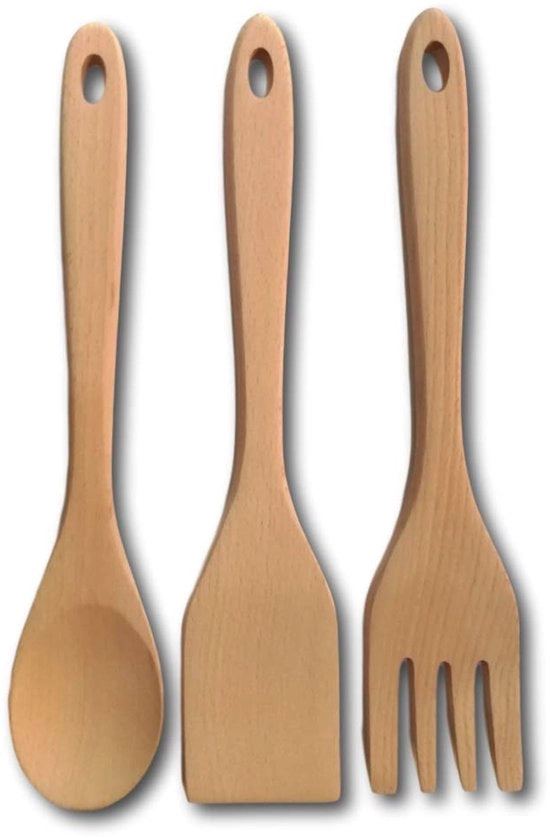 Spata per cucinare in legno, cucchiaio in legno, forchetta in legno, aiuto di cucina in legno di betulla artigianale biologico, rivestimento naturale antiscorrosivo in legno duro, set di spatola e cucchiaio in legno, set di cottura in legno premium