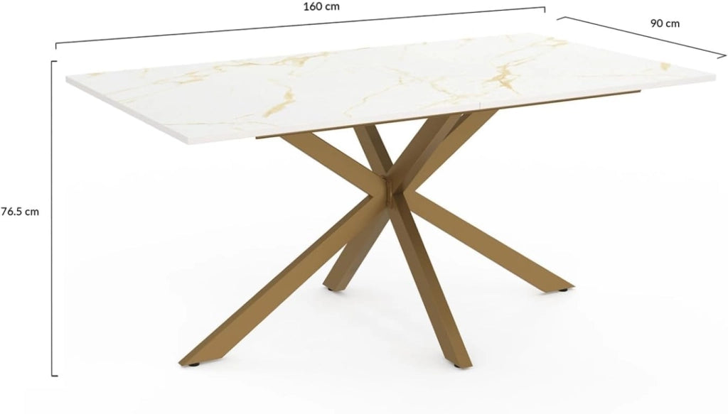 ALIX Tavolo da pranzo rettangolare per 8 persone con gamba a ragno in ottone e piano effetto marmo bianco ALASKA 160 cm
