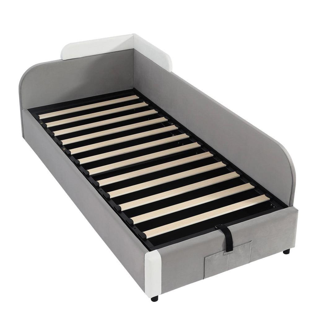 Letto Singolo 90x200 cm; Letto con Contenitore; Tasca portaoggetti; Sponda imbottita e Maniglie a cinghia