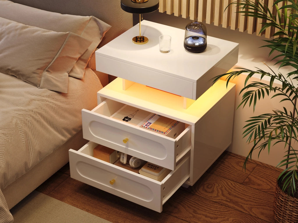 Comodino bianco con LED, 2 cassetti e vano aperto, 100x40x60 cm