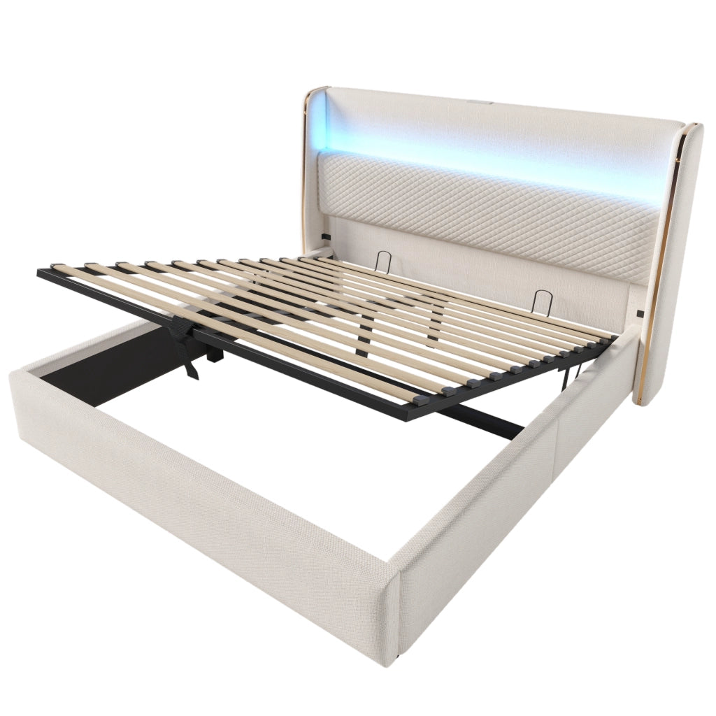 Letto Contenitore 160x200 cm; Letto Matrimoniale - LED; USB; Type-C in Lino Beige