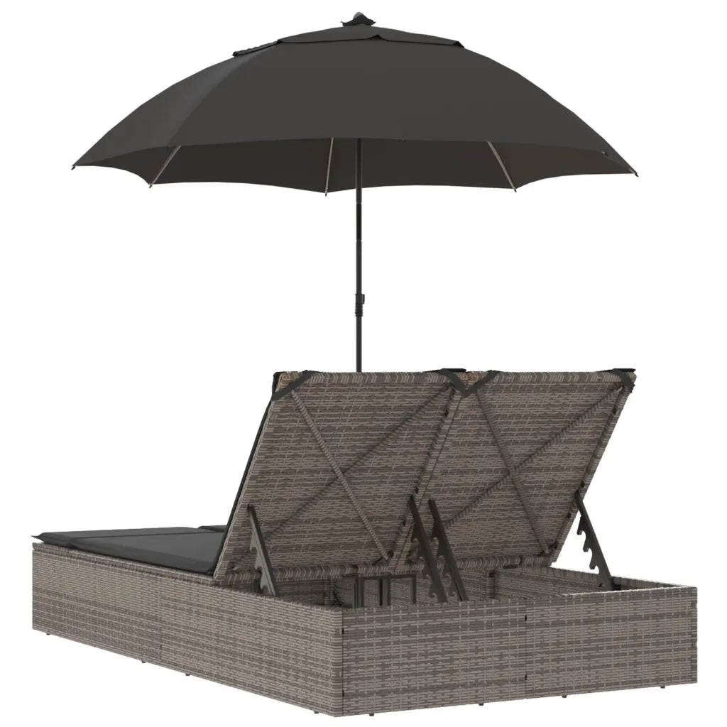 Lettino Prendisole Doppio Cuscini e Parasole Grigio Polyrattan 368083