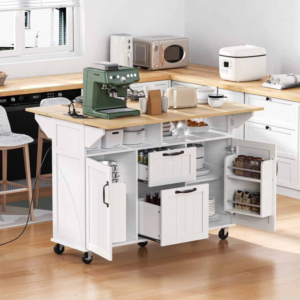Carrello da Cucina con 2 Ante; 2 Cassetti; Piano Pieghevole; Prese e Portasciugamani; in MDF; Bianco e Naturale