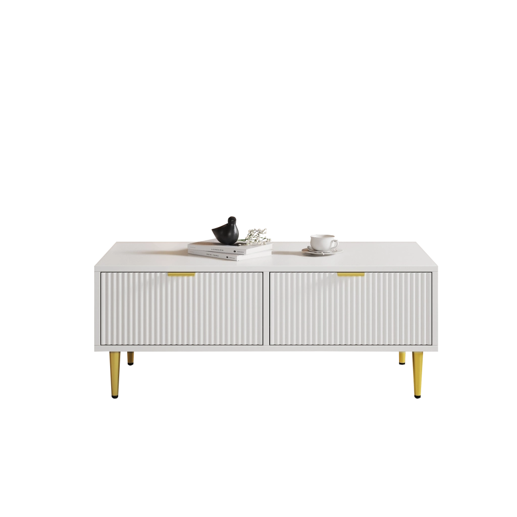 Tavolino da salotto moderno - Zephmum - 100x50x40cm - Bianco - Accenti dorati, 2 cassetti