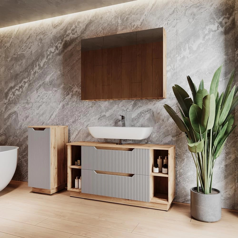 Set di mobili da bagno Lotta, Grigio, 119.2 cm, composto da mobile sottolavabo, specchiera e mobile medio