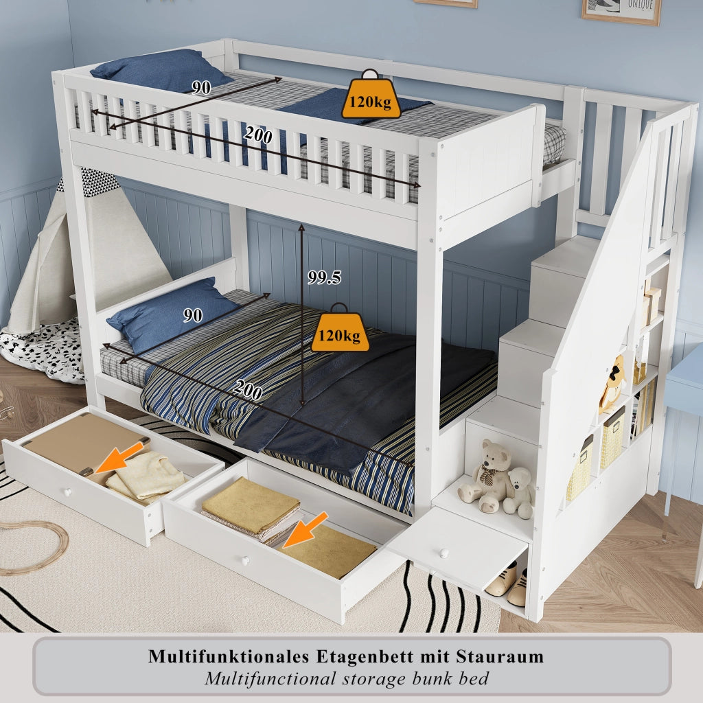 Letto a castello per bambini 90 × 200 cm con scala contenitore e 2 cassetti, senza materasso, in legno, bianco