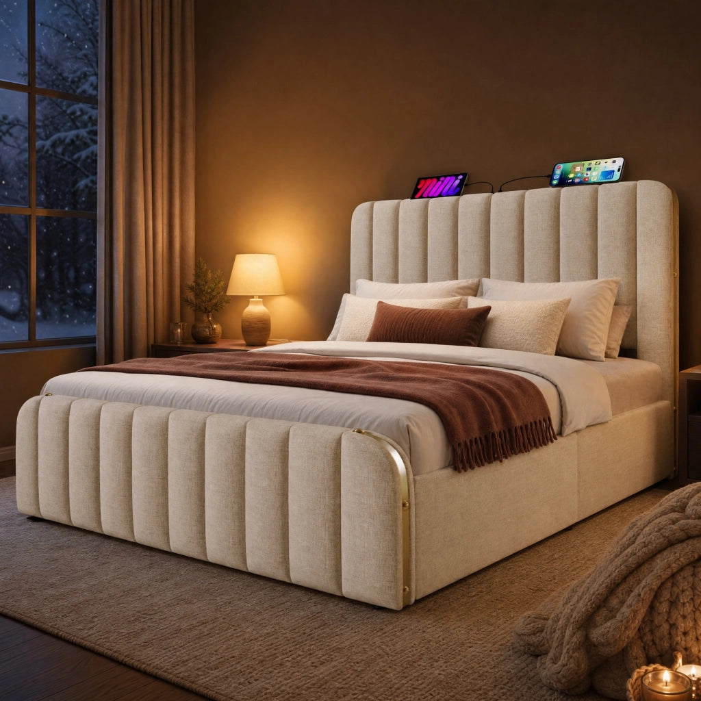 DESMIU Lit coffre 160 × 200 cm 2 posti con USB, Type-C e contenitore idraulico, senza materasso, beige