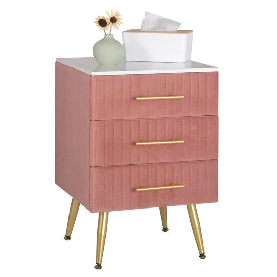 Nachtkastino da Soggiorno - Rosa - Oro - Velluto - 3 Lati - Camera da Letto - 40.5 x 41 x 62 Cm - MDF, Metallo, Velluto e Legno - Capacità di Carico 80 Kg