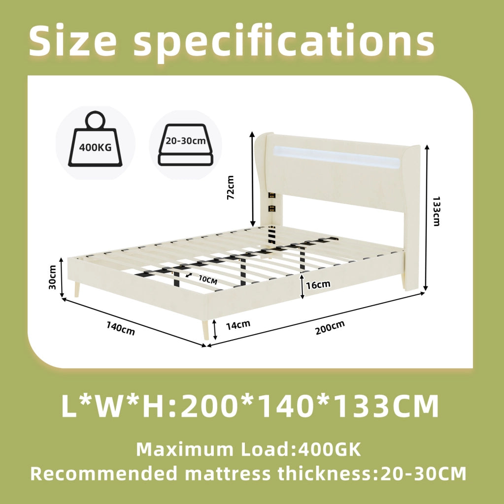 Letto imbottito con testiera regolabile e LED multicolore; 140 x 200 cm; beige