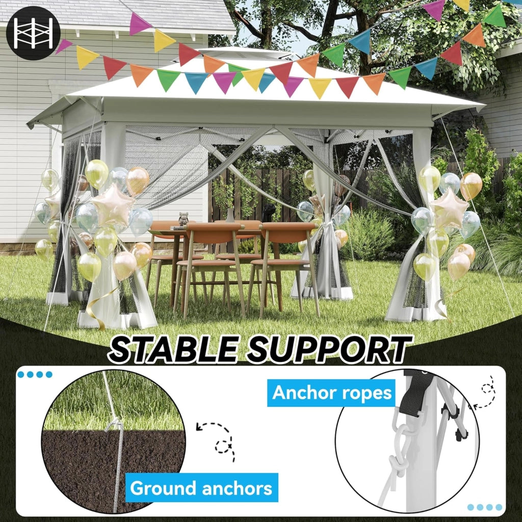 Gazebo 4 x 4 m, impermeabile, stabile, resistente all'inverno, per feste, pieghevole, altezza regolabile con doppio tetto e 4 zanzariere, gazebo da giardino con custodia, colore bianco