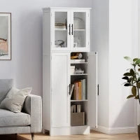 Mobile Bagno Alto con Ripiani Regolabili, Ante in Vetro e Legno, 60x30x170 cm, Bianco