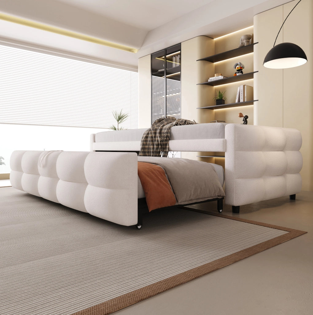 Letto imbottito estraibile 90/180x190 cm in Teddy beige con rete a doghe