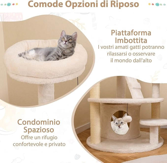 Albero per Gatti Adulti, Torre per Gatti Alta 101 cm con Condominio, Piattaforma Imbottita, Tiragraffi, Pallina di Peluche Pendente e Scala, Albero Tiragraffi in Legno per Interno (Bianco)