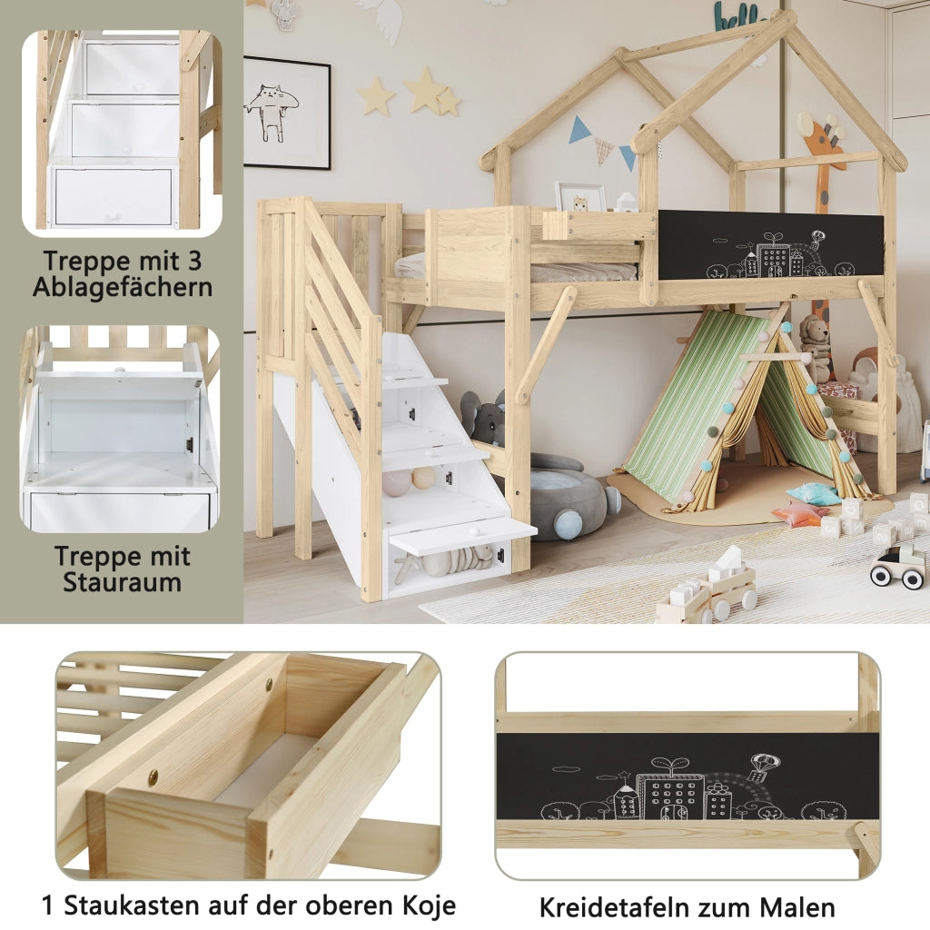 DESMIU Letto a castello 1 posto con barriera, lavagna e 3 vani nella scala, 90 × 200 cm, senza materasso
