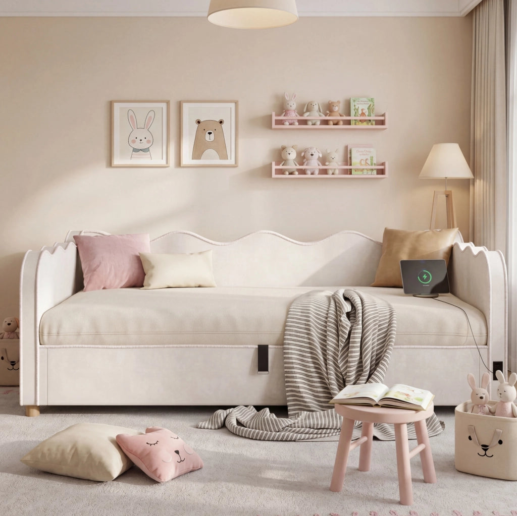 Letto contenitore 90x200 cm con USB C e presa; velluto beige