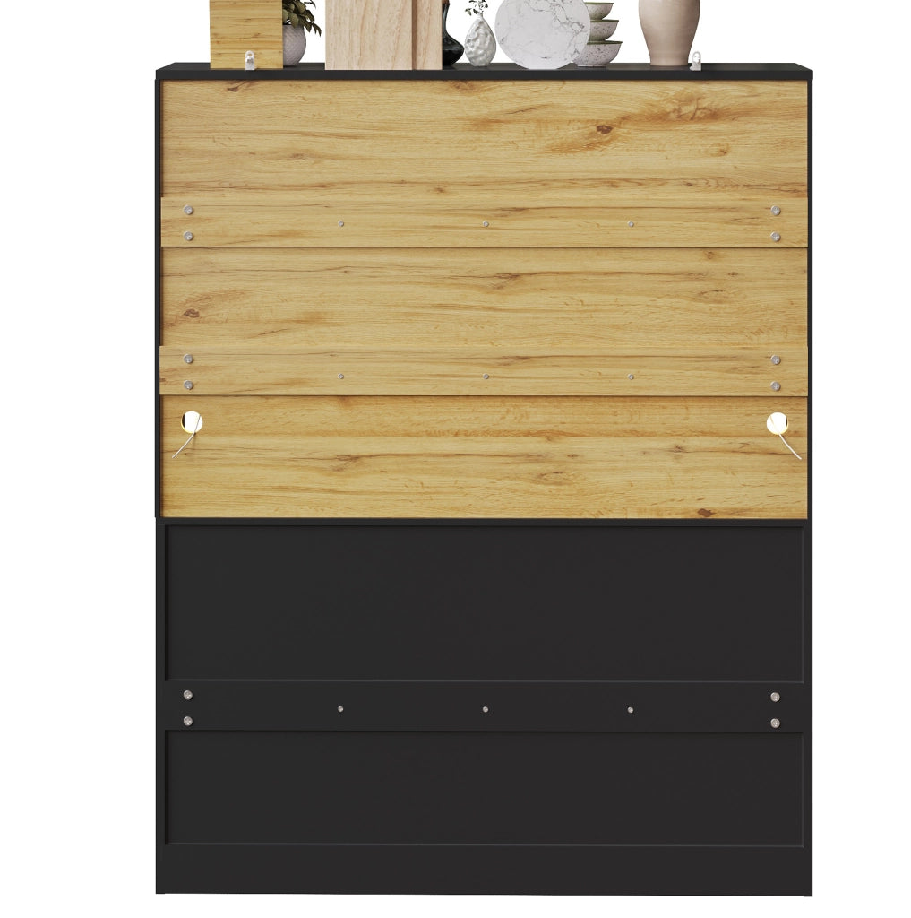 Credenza da cucina 140x40x175 cm in MDF nero con LED e ripiani regolabili