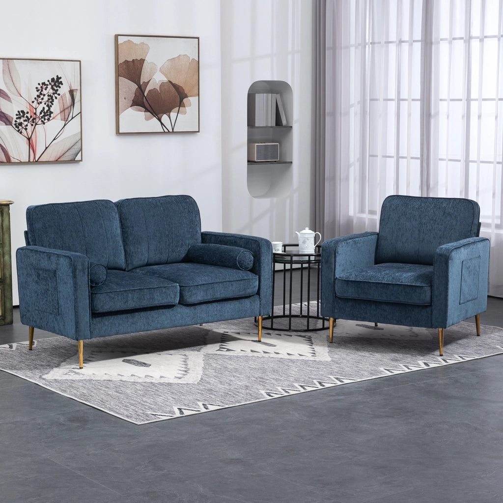 Poltrona in tessuto con gambe in metallo dorato ¨C Xylo ¨C blu con tasche laterali