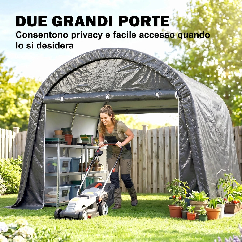 Tendone da Giardino per Moto, Bici e Attrezzi con 2 Ingressi a Zip, in Acciaio e PE, 300x300x235 cm, Grigio