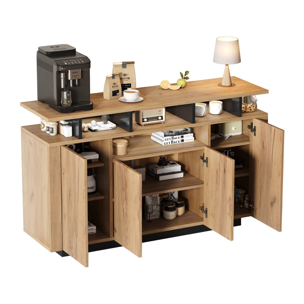 Credenza moderna in truciolato naturale e nero con 4 ante e 3 vani aperti, 140x40x85 cm