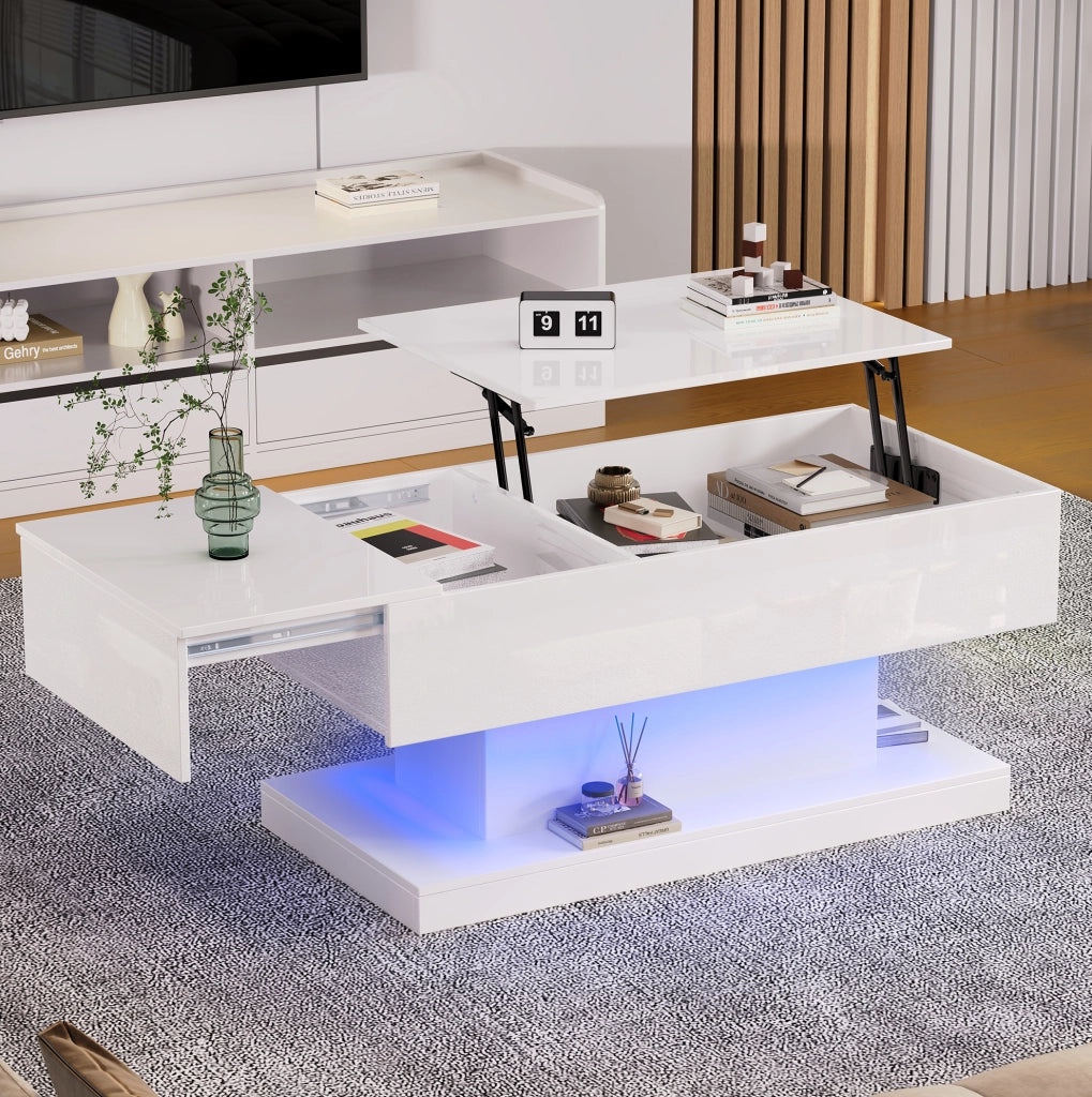 Tavolino da caffè elevabile con LED 100x50x45 cm; truciolare bianco lucido