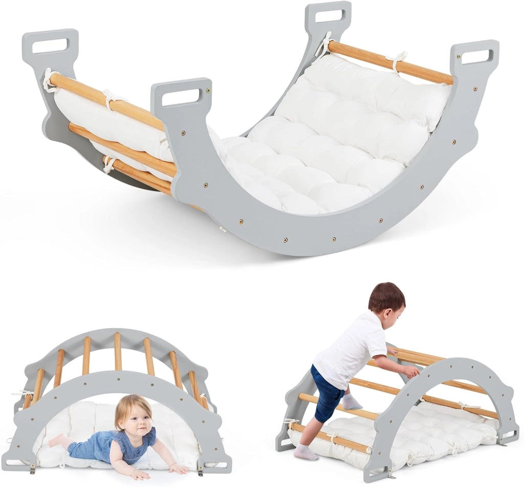 Arco da Arrampicata per Bambini, 2 in 1 Altalena ad Arco in Legno con Cuscino Morbido e Doppia Faccia, Ideale per Bambini 1+ Anni (Grigio)