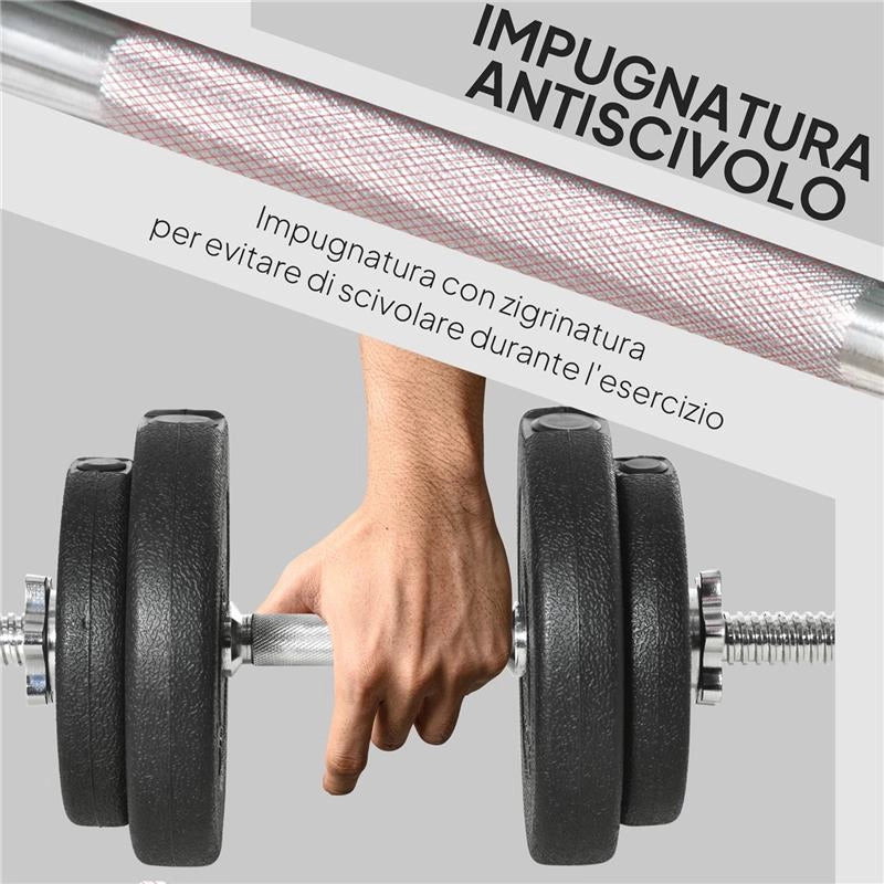 SET MANUBRI PESI 20 KG (4X2.5 KG, 4X1.5 KG) CON 8 DISCHI E 2 MANUBRI DA 2 KG, 43X18X7.5 CM, NERO