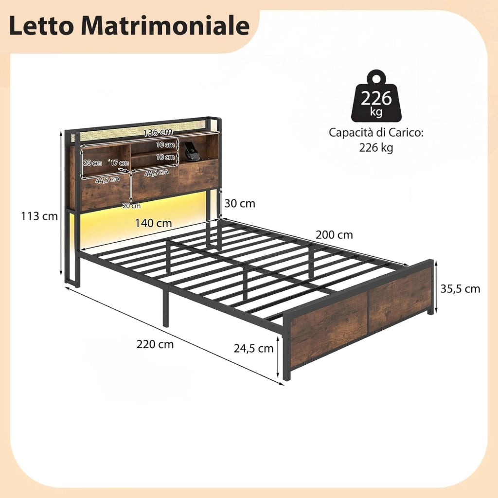 Struttura Letto con Testiera Contenitore, Letto a Piattaforma in Metallo con Stazione di Ricarica 3 Ripiani, Silenzioso, Carico Massimo 300kg (140 x 200cm Stile 2)