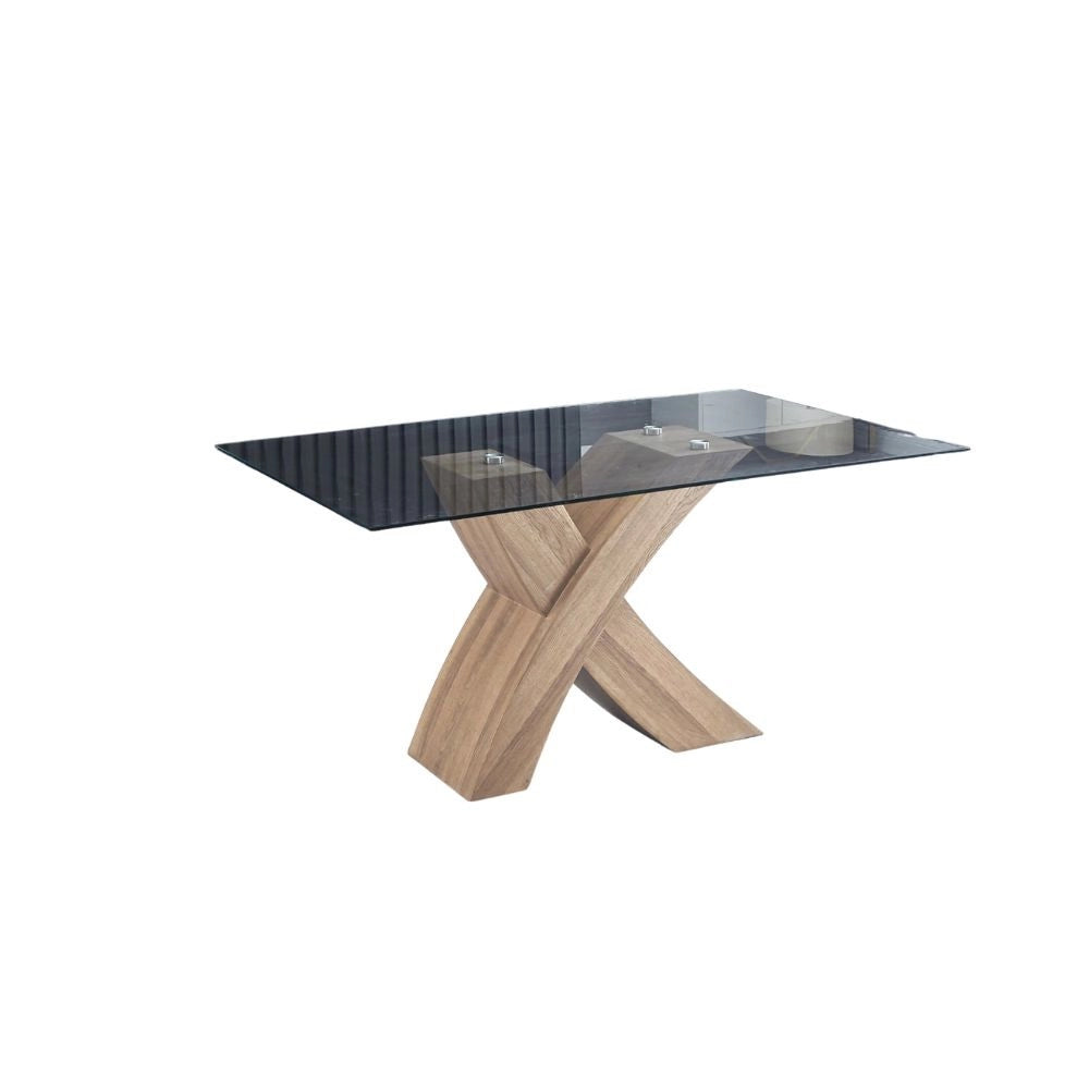 Tavolo fisso Duncan con piano in vetro e gambe incrociate effetto legno 150x90x76H