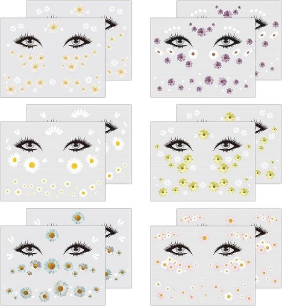 Decorazioni temporanee per tatuaggi - 12 pezzi fiori e margherite - adatti per il viso e il corpo - per feste di carnevale, eventi tematici e primavera