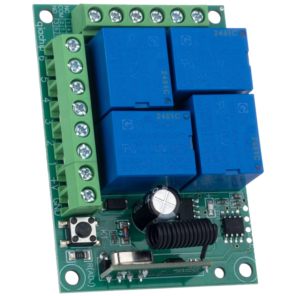 Modulo Relè con Telecomando 433MHz – 4 Canali, Portata 100m | Alimentazione 12V DC, Frequenza 433MHz