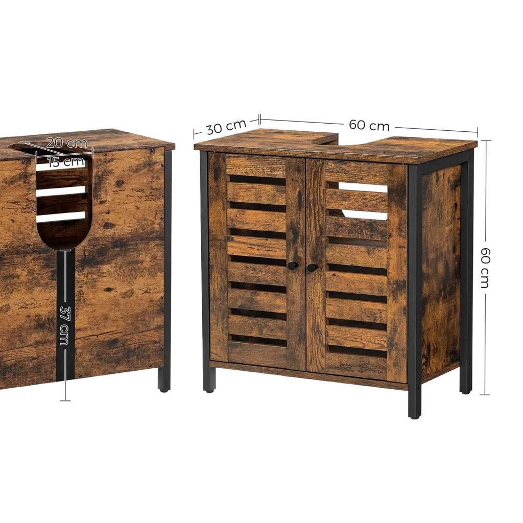Mobiletto/armadietto portaoggetti per il bagno 60 x 30 x 60 cm con struttura in acciaio ante a persiana ripiano regolabile stile industriale marrone rustico e nero 12_0006529