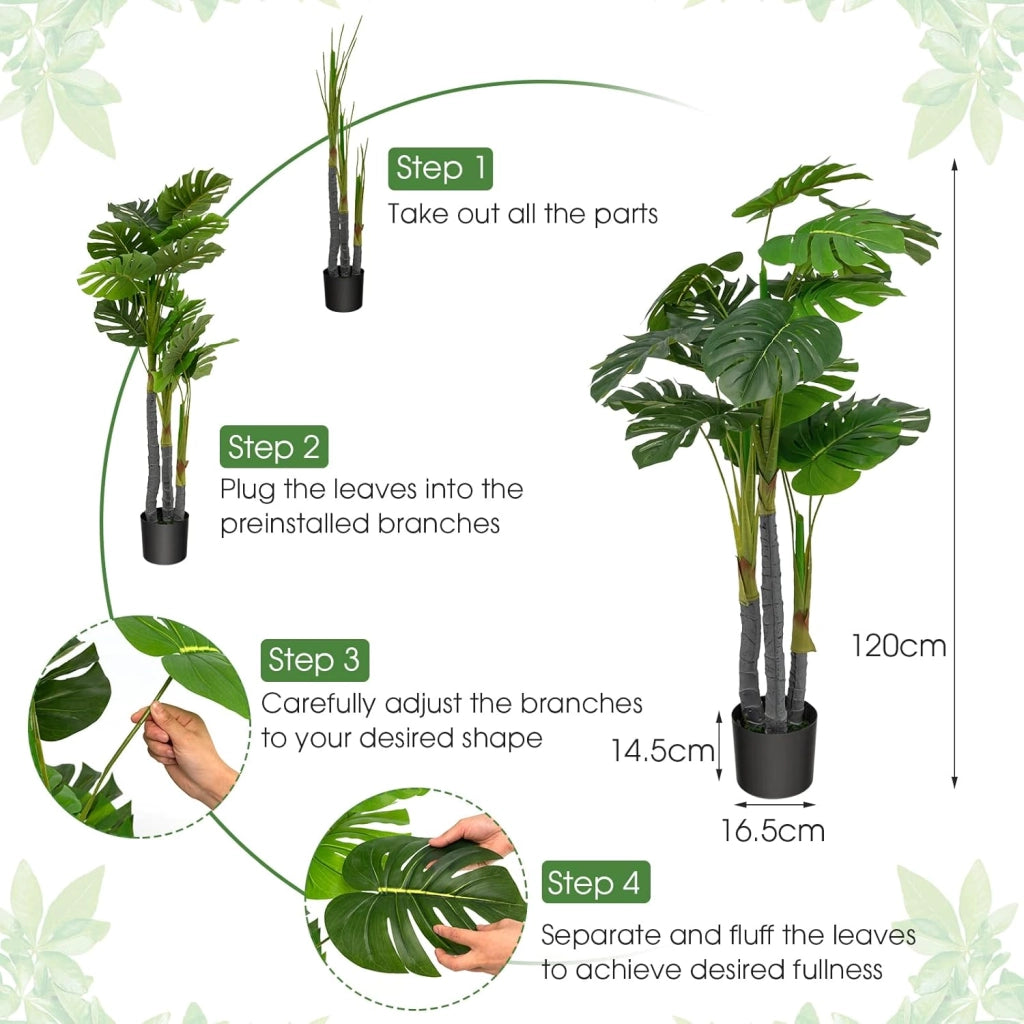 120 cm, pianta artificiale, Monstera Delisiosa, decorazione per interni in vaso di cemento, palma decorativa, 20 foglie, decorazione per interni artificiali, verde per casa e ufficio