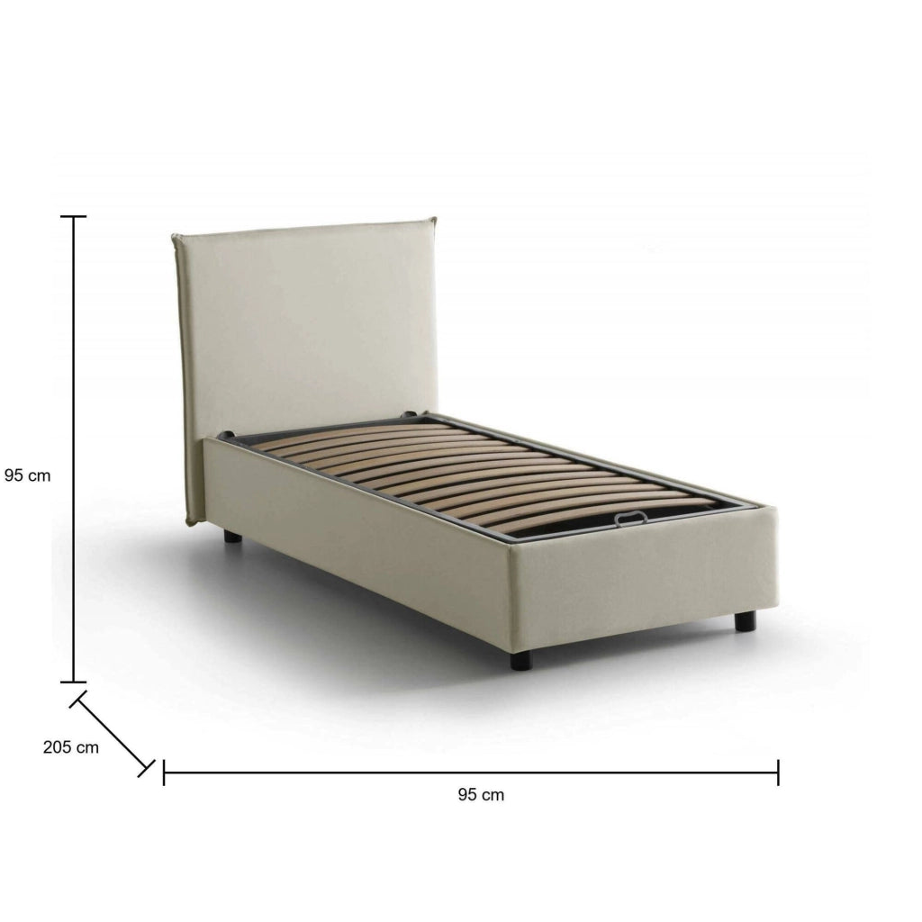 Letto singolo Acuila, Letto contenitore con rivestimento in tessuto, Made in Italy, Apertura laterale, adatto per materasso cm 80x190, Beige