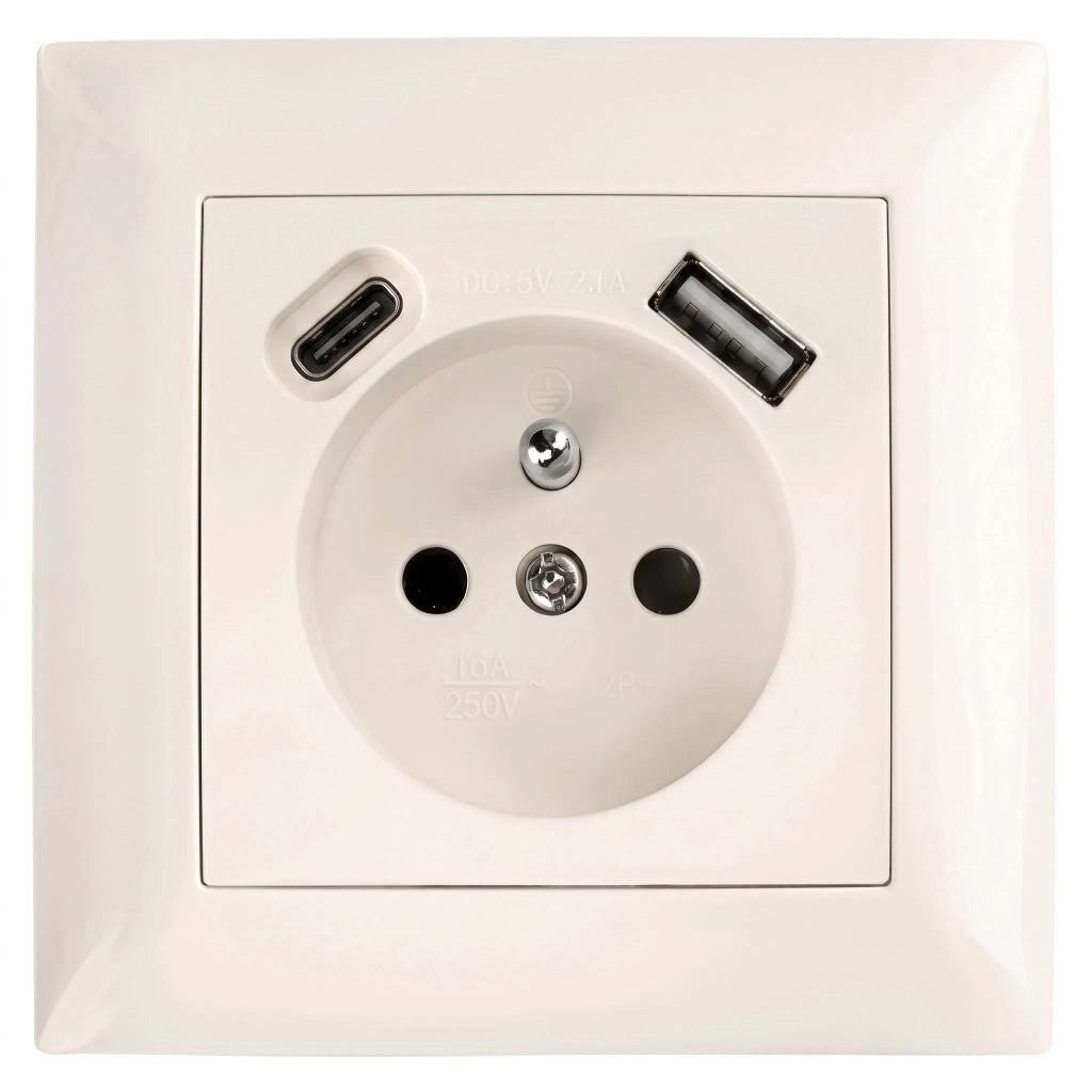Presa Singola Con Messa A Terra + Usb-a Usb-c Oste Jnh004-g Beige