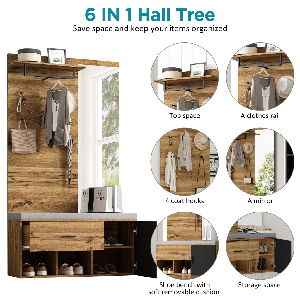 Mobile da ingresso con specchio, scarpiera, panca imbottita, cassetto e ganci, in truciolare, rovere, 104 × 39 × 190 cm
