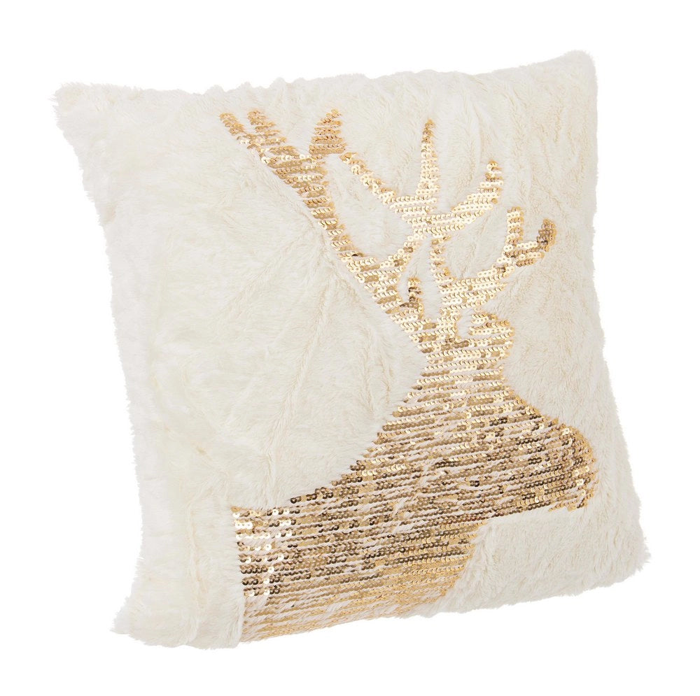 Cuscino Natalizio Bianco Pailletts Oro Renna 45x 45 Decorazioni Addobbi Tessili