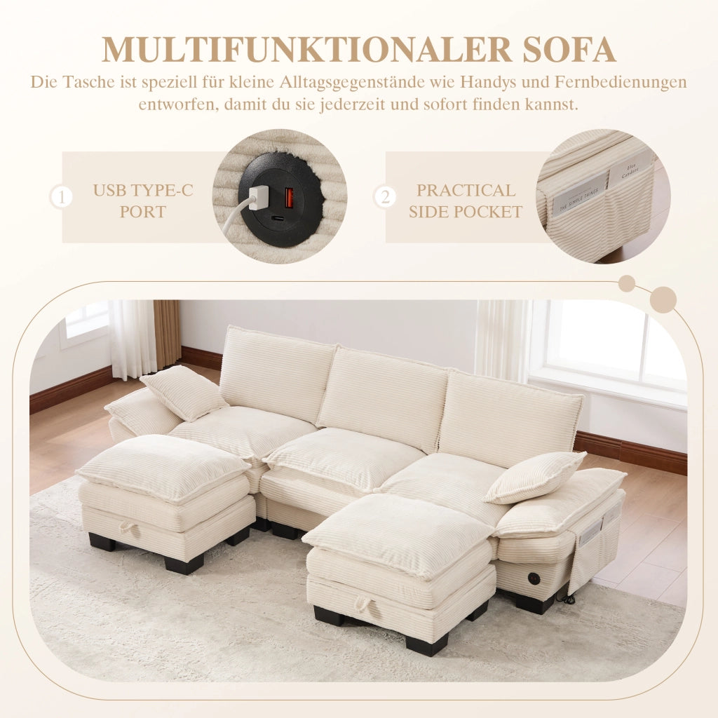 Divano modulare a 3 posti in velluto a coste con pouf porta USB-C tasche laterali e cuscini in schiuma beige